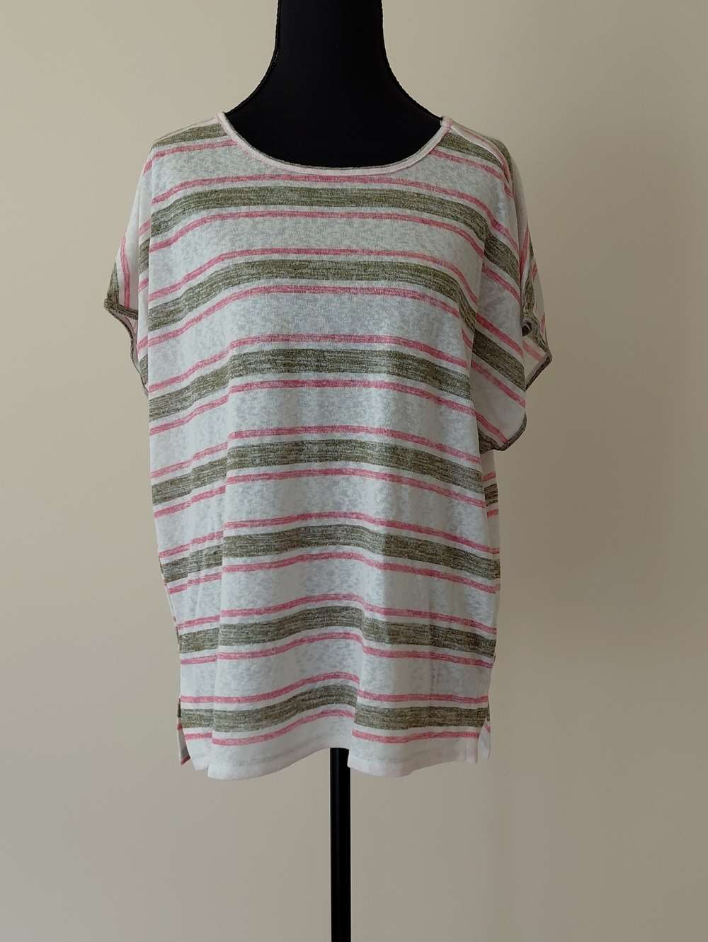bobeau White Striped Short Sleeve Top with Pink & Olive